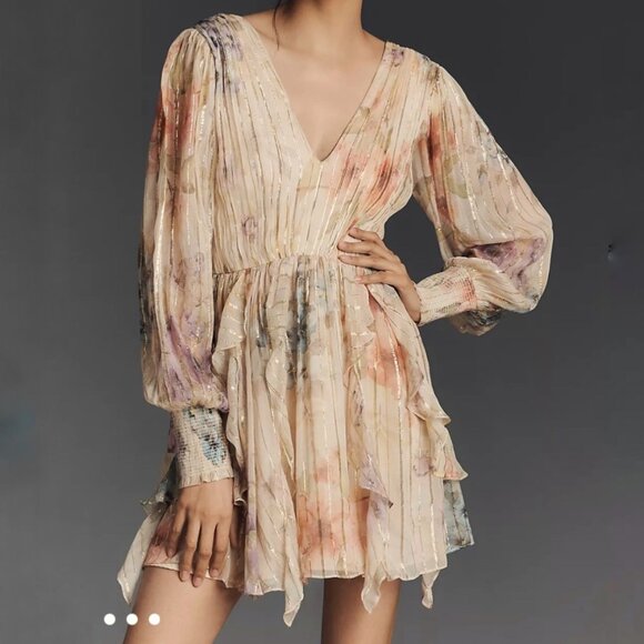 NEW Anthropologie Forever That Girl Lurex Mini Dress Floral Long Sleeve Medium - Picture 1 of 14